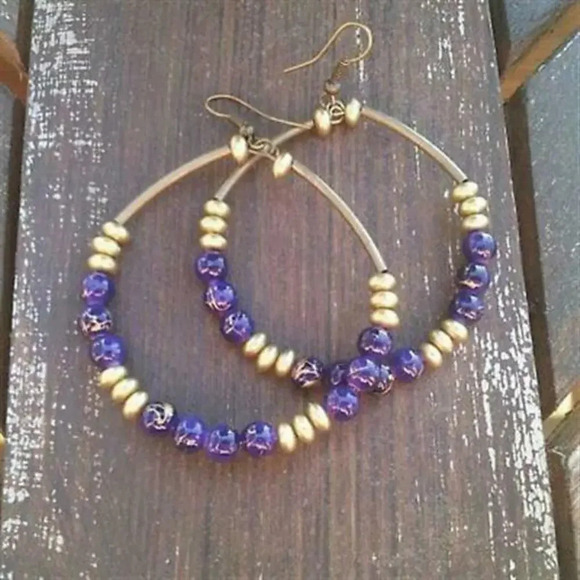 Hand Crafted Big Beaded Hoop Earrings 3" Long Antiqued Brass Gold Cobalt Blue - Picture 1 of 1